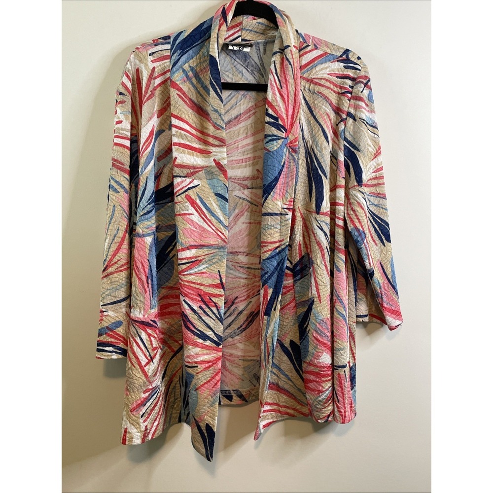 Southern Lady Size 14 Tropical Leaf Open‎ Front Cardigan Red Blue Beige Stretch
